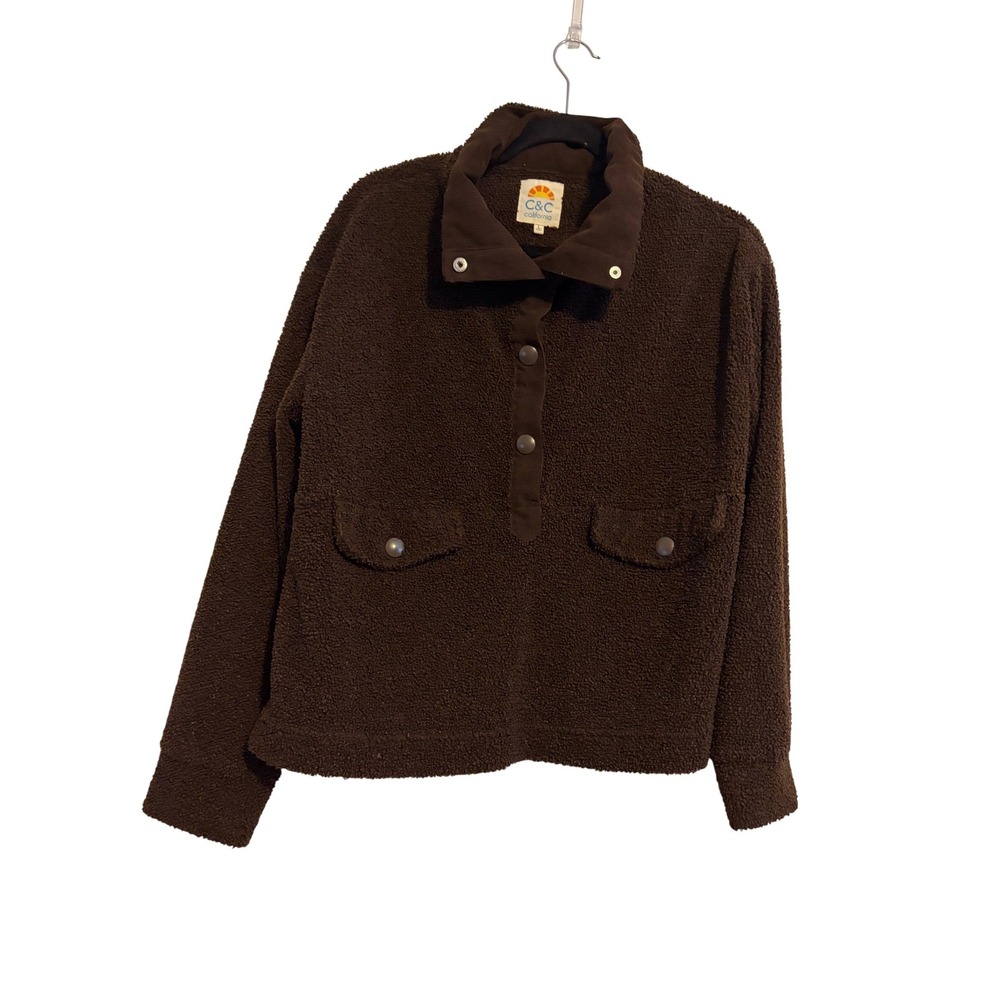 C&C California Brown‎ Fuzzy Fleece Snap Neck Pullover Top Women's Size L